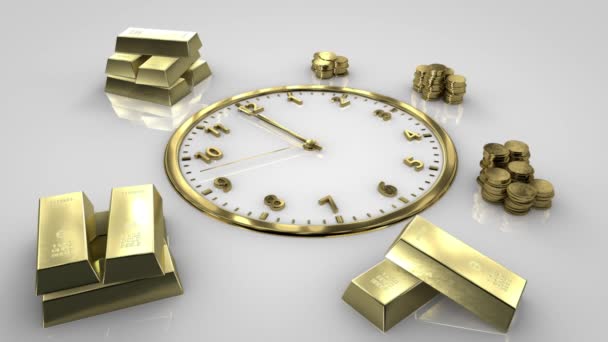 Il tempo è denaro. Il secondo approccio 12. Orologio e monete d'oro e bar. — Video Stock