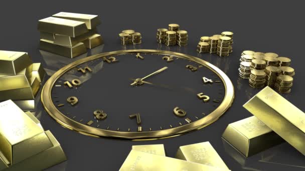 Tijd is geld. Klok time-lapse. Gouden horloges met goudstaven. — Stockvideo