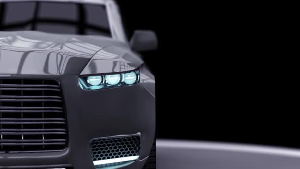 Coche moderno, animación 3d del coche sobre un fondo negro la cámara enfoca — Vídeo de stock