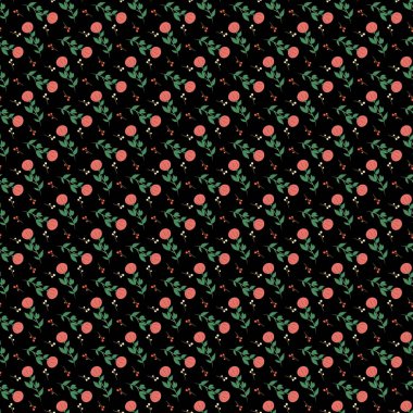 Pembe böğürtlen ve yeşil yapraklı siyah bir arkaplanda, kusursuz bir çiçek deseni. Kumaş, duvar kâğıdı ve dekoratif baskılar için ideal, iç mekanlara ve tasarımlara şık botanik cazibe eklemek.