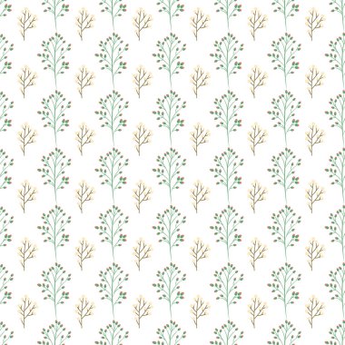 Kırmızı böğürtlenli yeşil ve bej ağaç motifleri içeren büyüleyici tekrarlayan bir botanik desen. Tekstil, duvar kâğıdı ve dekorasyon projeleri için uygun. Yeni, doğal, oyuncu bir görünüm arıyor..