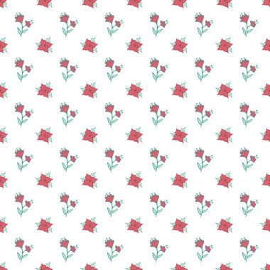 Temiz beyaz bir arka planda yeşil saplı kırmızı çiçekleri içeren neşeli, pürüzsüz bir çiçek deseni. Tekstil, duvar kâğıtları ve yeni, dekoratif bir botanik dokunuşu arayan el işi projeleri için mükemmel..