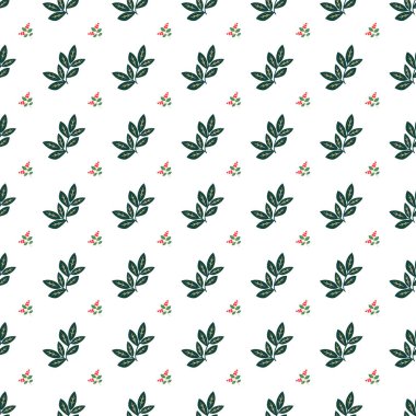 Koyu yeşil yapraklı, ince damarlı ve temiz beyaz arka planda küçük kırmızı dutlu bir desen. Tekstil, ambalaj ya da doğadan esinlenilmiş mevsimsel tasarımlar için idealdir..