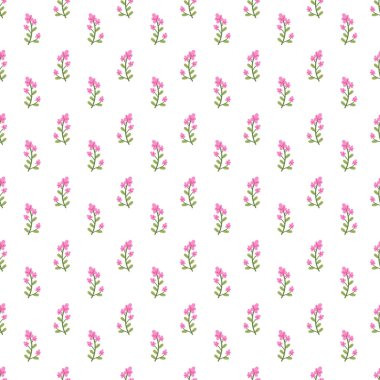 A charming, repeating pink flower motif on a clean white backdrop. Perfect for backgrounds, textiles, wallpaper, and design accents, conveying springtime freshness, lightness, and a soft feminine