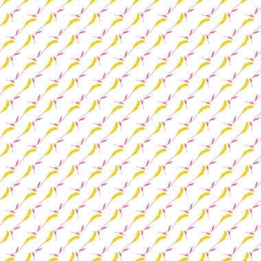 Bright diagonal motif with yellow and pink feather shapes on a white backdrop, ideal for fabric, wallpaper, packaging, and digital design projects.