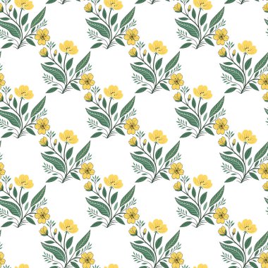 Beyaz arka planda sarı çiçekler ve yeşil yapraklar içeren canlı botanik desen, tekstil, duvar kağıtları, kırtasiye ve markalaşma projeleri için idealdir..