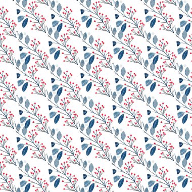Mavi yapraklar ve parlak kırmızı böğürtlenler içeren kusursuz bir botanik desen, kumaşlar, duvar kağıtları, kırtasiyeler ve el sanatları için idealdir. Modern ama zamansız, herhangi bir projeye sakin ve doğadan esinlenilmiş bir şey getiriyor.