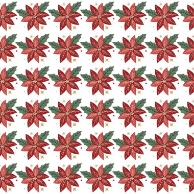 Kırmızı yapraklar ve yeşil yapraklar içeren canlı noktalı çiçek desenleri tekrar eden bir dizayn, Noel dekorasyonu, tatil ambalajı, tekstil, duvar kağıtları ve mevsimsel markalaşma için ideal