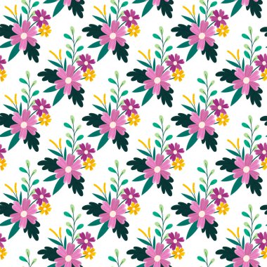 Sarı aksanlı pembe ve mor çiçekleri, temiz beyaz arka planda yeşil ve yeşil yaprakları olan parlak, neşeli çiçek desenleri. Tekstil, duvar kağıdı, arkaplan ve ambalaj için ideal