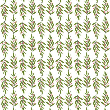 Kusursuz, yeşil yapraklı, pembe böğürtlenli bir botanik desen taze, doğal bir hava yaratır. Arka planlar, duvar kağıtları, tekstil ve el sanatları için ideal, çok yönlü, dekoratif