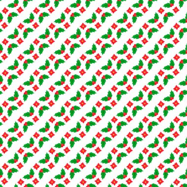 Çapraz çizgili yeşil yapraklar ve kırmızı böğürtlenler içeren canlı kutsal desen, Noel projeleri, tatil kartları, ambalaj kağıtları veya mevsimsel grafik tasarımı için ideal arka plan