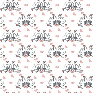 Zarif girdaplar, mavi aksanlar, yumuşak pembe kalpler ve stilize çiçek unsurları içeren kusursuz bir tekrarlama motifi. Duvar kağıdı, tekstil, kırtasiye ve romantik temalı projeler için ideal
