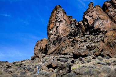 Erkek yürüyüşçü Fort Rock State Doğa Bölgesi 'nde patikaya tırmanıyor. Üstünde sivri tepeler var. Mavi bir sırt çantası ve kot pantolon giyiyor..