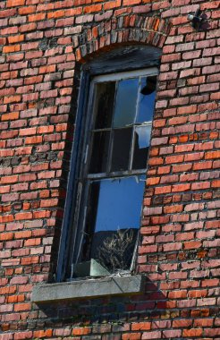 Hughes, Arkansas 'taki eski tuğla binada kemerin üstünde, kırık pencere duruyor. Pencere pervazından yabani otlar büyüyor.