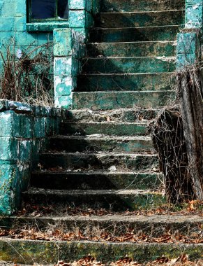 Beton basamaklar ve bina hala kısmi yeşil boya tabakasına sahip. Hava ve zaman boyaları soyuluyor ve basamaklar toprak ve grunge ile kaplanıyor..