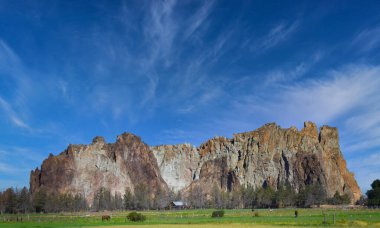 Ahır Oregon 'daki Smith Rock üssünde bulunuyor. Atlar tarlalarda otluyor ve mavi gökyüzü yukarıda..