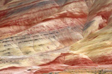 John Day Fosil Yatakları Ulusal Anıtı 'nın Boyalı Tepeler Birimi' nde kırmızı, siyah ve sarı renkli katmanlar vardır..