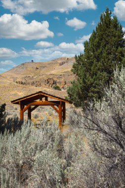Clarno Unit, of the John Day Fossil Beds National Monument, provides  picnic shelters.  These shelters have view of the volcanic spires and palisades.