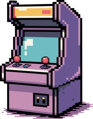 Retro 8-bit estetik ve canlı tonlara sahip klasik bir oyun makinesinin renkli pikselli sanat çizimi.