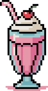 Renkli parlak neon renklerle çırpılmış krema ve kirazlı klasik bir milkshake 'in pikselli sanat çizimi..