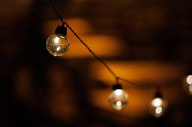 Round glass bulbs of a garland against a dark background. Focus on one bulb. Warm bokeh. Warm reflections.