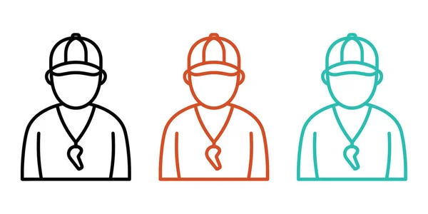 Beyzbol şapkası ve ıslığıyla siyah, turuncu ve deniz mavisi renginde spor ve atletik temaları olan bir koçun yer aldığı çizgi resim ikonu seti