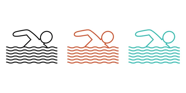 Canlandırıcı bir egzersiz ve aktif bir yaşam tarzı tasarımı için yüzme ikonu setinin keyfini çıkarın. Canlı renkler ve yaz promosyonları için mükemmel basit çizgiler.