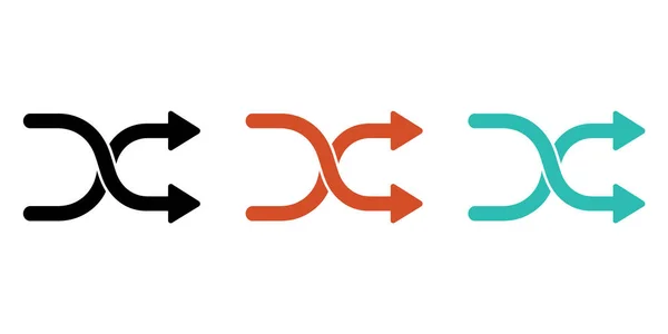 Müzik çalma listeleri veya veri akışı grafik simgeleri için renkli karıştırma okları temiz beyaz arkaplan üzerinde siyah, turuncu ve deniz mavisi renklerini sembolize eder