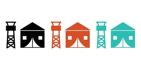 Renkli modern çadır ve kule simgeleri kamp ya da açık hava macera marka kimliği ve logo tasarımları basit, temiz görsel iletişim sunar