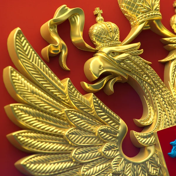 Ruský dvouhlavý orel znak s jezdcem na palubě ve zlatě 3d vykreslování — Stock fotografie