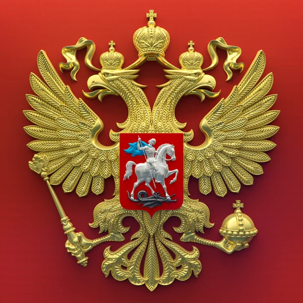 Brasão de armas de águia de duas cabeças russo com um cavaleiro a bordo em renderização 3D dourada — Fotografia de Stock