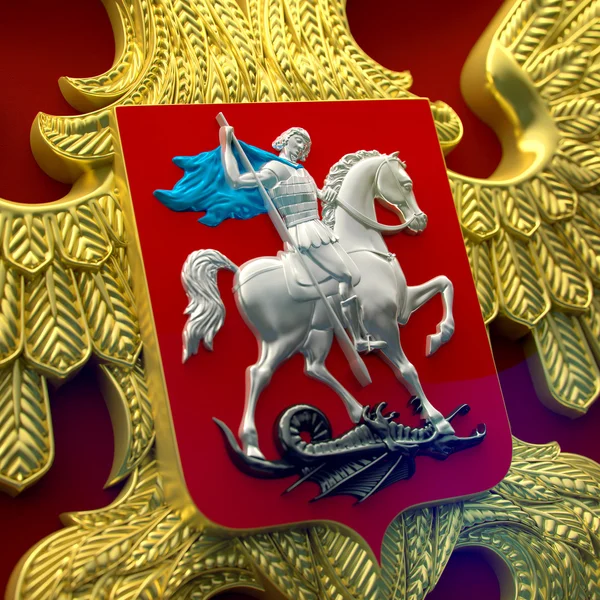 Cappotto d'aquila russo a due teste con a bordo un cavaliere in rendering 3D dorato Foto Stock Royalty Free
