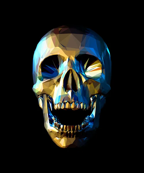 Crânio de baixo poli ouro com reflexão azul sobre fundo escuro — Fotografia de Stock
