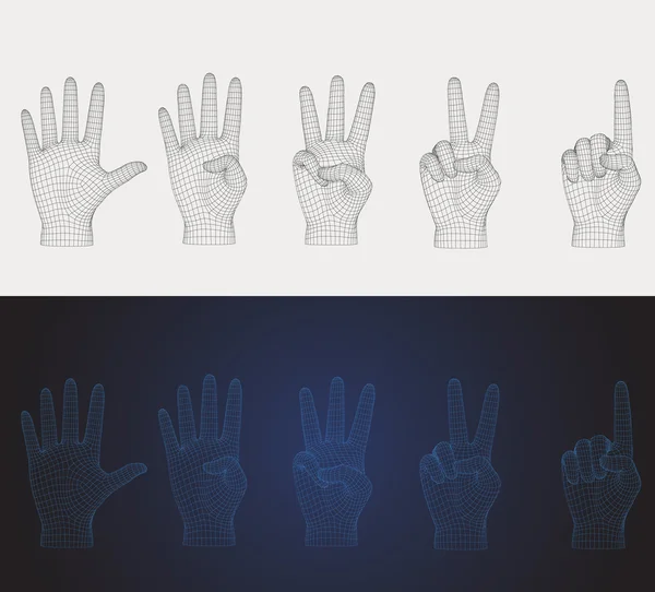 3D-Vektor Drahtgitter Zählen Hand Pose in verschiedenen Stil eingestellt — Stockvektor