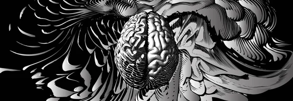 Monocromático Gravada Desenho Cérebro Humano Com Diferentes Estilos Hemisférios Cerebrais — Vetor de Stock