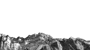 Картина, постер, плакат, фотообои "абстрактный монохромный гравированный рисунок скалистой горной местности винтажный деревянный ландшафт переднего плана, выделенный на белом фоне пустого пространства", артикул 451545238