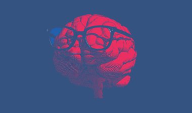 Koyu mavi arka planda izole edilmiş, eski gözlüklü, parlak kırmızı kabartmalı insan beyni.