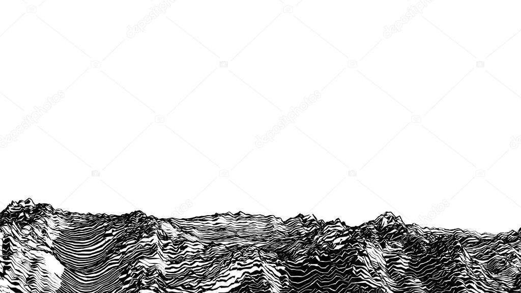 Abstract monochrome engraved drawing rough rocky ground vintage woodcut style foreground landscape isolated on white blank space background