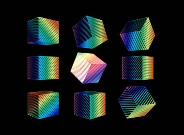 Renkli spektrum oymalı çizgi soyut geometrik küp kümesi ve çeşitli perspektif görünümleri siyah arkaplanda izole edilmiş