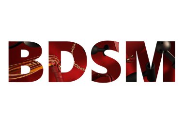 Creative BDSM lettering on a white background. Set of sexy erotic toys Sex shop concept Intimate sex games Whip, gag, blindfold, butt plug, vaginal balls, nipple clamp, release ring