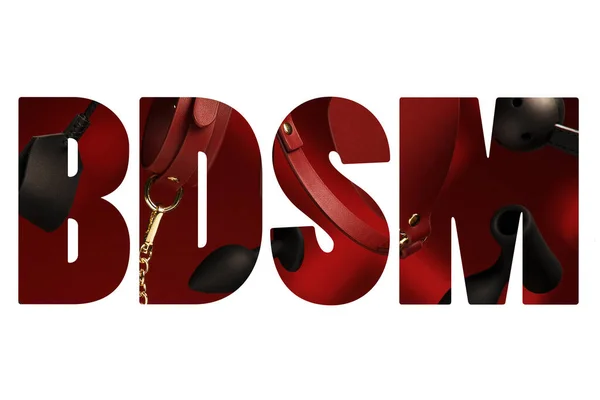 Creative BDSM lettering on a white background. Set of sexy erotic toys Sex shop concept Intimate sex games Whip, gag, blindfold, butt plug, vaginal balls, nipple clamp, release ring