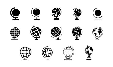 Dünya küresi düz, ikon seti. Dünya 'nın küresel ülke haritası Gezgin İnternet küresi gösteri sembolü beyaz arka planda izole