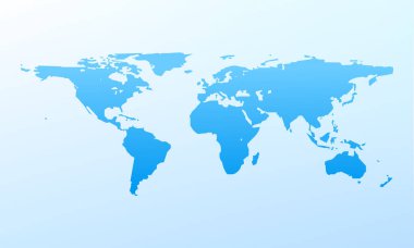 Mavi gradyan üzerinde mavi renkli dünya haritası. Yüksek detaylı boş harita. Her ülkenin etiketli bileşik yoluna sahip vektör illüstrasyonu