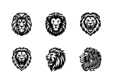 Kükreyen aslan kral ikon seti. Ön ve yan görüş yırtıcı yüz, aslanlar siyah ve beyaz mürekkep çizimi siluetleri.