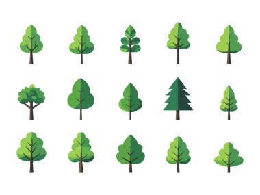 Kahverengi gövdeli yeşil ağaç simgesi seti. Çevre dostu doğa sembolü. Basit farklı tasarım elementleri..