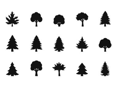 Siyah ağaç vektörü simgesi kümesi. Basit yassı noel ağacı koleksiyonu Çam ağacı