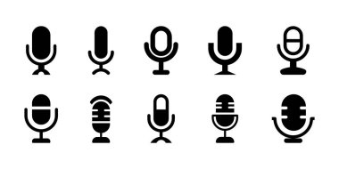 Mikrofon simgesi siyah siluet vektör ses podcast yayın radyo iletişim illüstrasyonunu kaydediyor