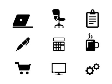 Ofis ve Çalışma Alanı İlgili Satır Simgesi Tasarımı. Dizüstü bilgisayar koltuğu kalem kahve tezgahı ve daha fazlası.