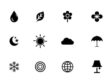 Doğa ve Hava Durumu Simgesi Güneş, bulut, kar tanesi, su damlası, yaprak ve çiçek içeren siyah kabartmalar dizayn eder.