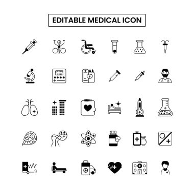 Modern tıbbi ikonlar hazır. Sağlık ve ilaç servisi. Soya, lateks, kereviz, astım, damar içi, itiraf formu, lupin, tıbbi servis, sağlık raporu vektör çizimi gibi